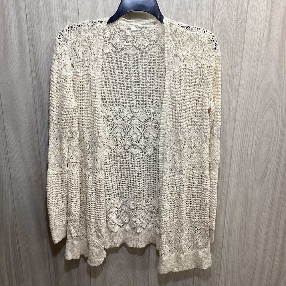 Mudd Women's (Size L) Ivory Open-Knit Crochet V-Neck Cardigan Sweater